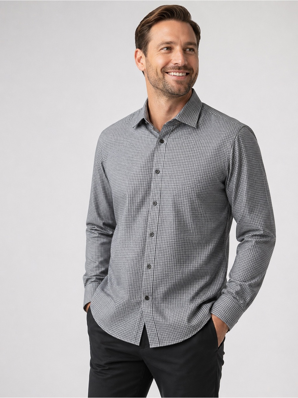 John Varvatos USA Slim Fit Plaid Shirt Gray Stretch Cotton Button Down L
